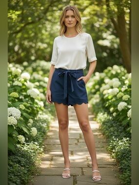 GIANNI BINI Navy Scalloped Tie Waist Dress Shorts Large Coastal Preppy Summer